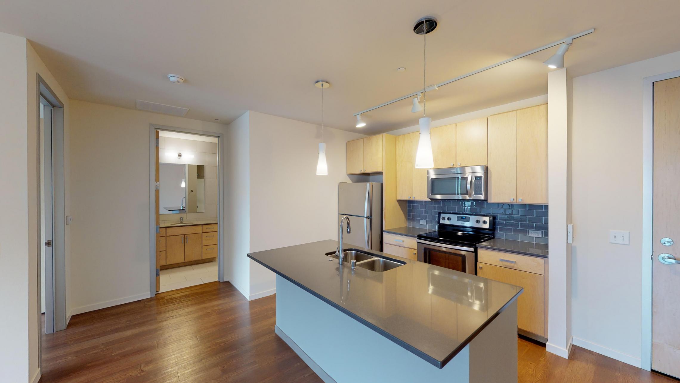 Nine-Line-Apartment-316-Kitchen- Living-Upsclale-Modern-Downtown-Madison-One-Bedroom-Balcony-View-Bike-Path-Monona-Bay-Fitness-Design-Bathroom