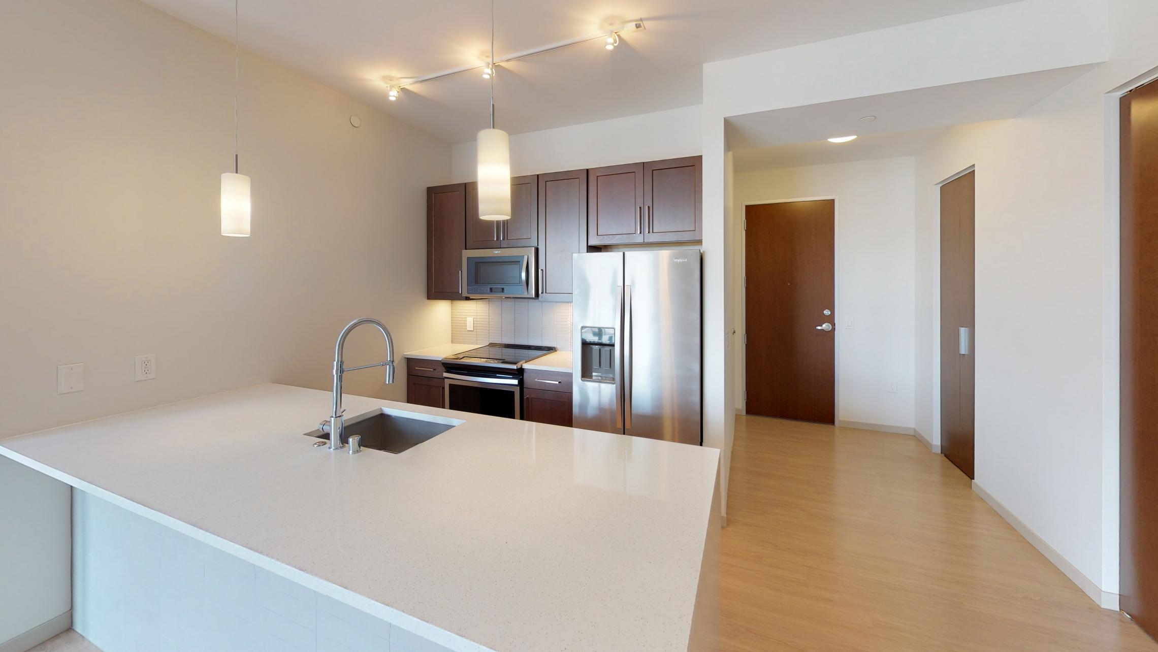 Pressman-Apartment-504-One-Bedroom-Balcony-City-View-Luxury-Downtown-Upscale-Modern-Downtown-Madison-Capitol-Square-Kitchen-Entrance
