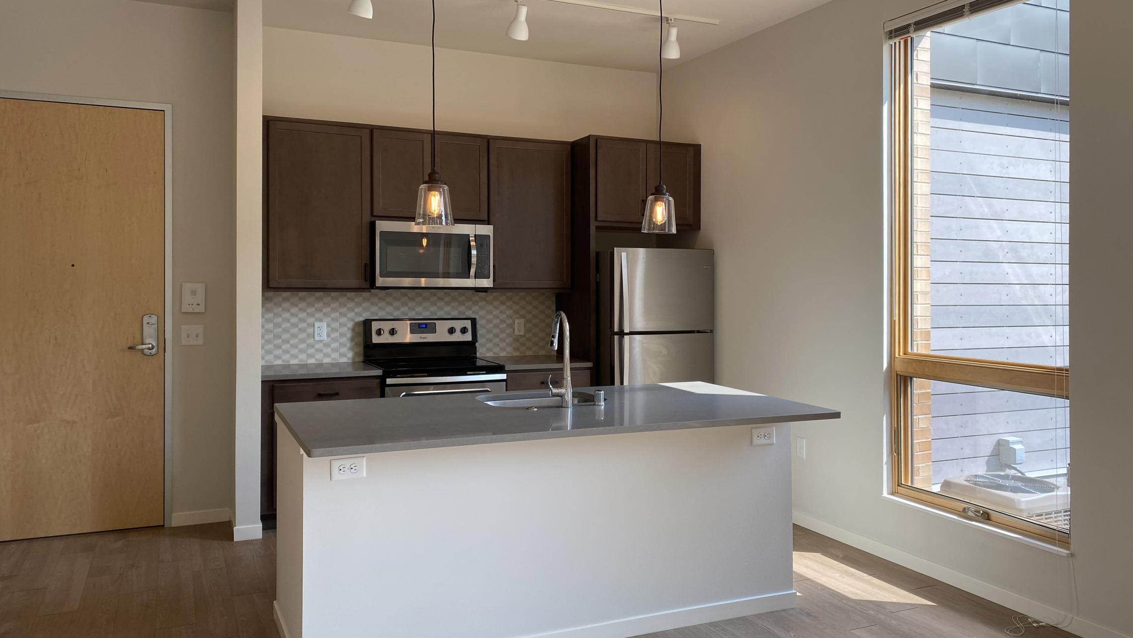 Quarter-Row-The-Yards-Apartment-102-Croner-Balcony-Downtown-Madison-Bike-Cat-Dog-Lifestule-Modern-Upscale-Design-Living-Kitchen-Island