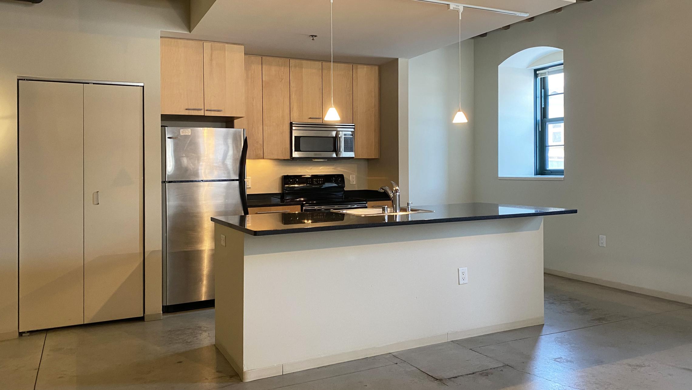 The-Tobacco-Lofts-One-Bedroom-Apartment-E112-Kitchen-Living-Room-Historic-Designe-Unique-Downtwon-Madison-Bike-Tails-Lake-Exposed-Timber-Concrete-Floors