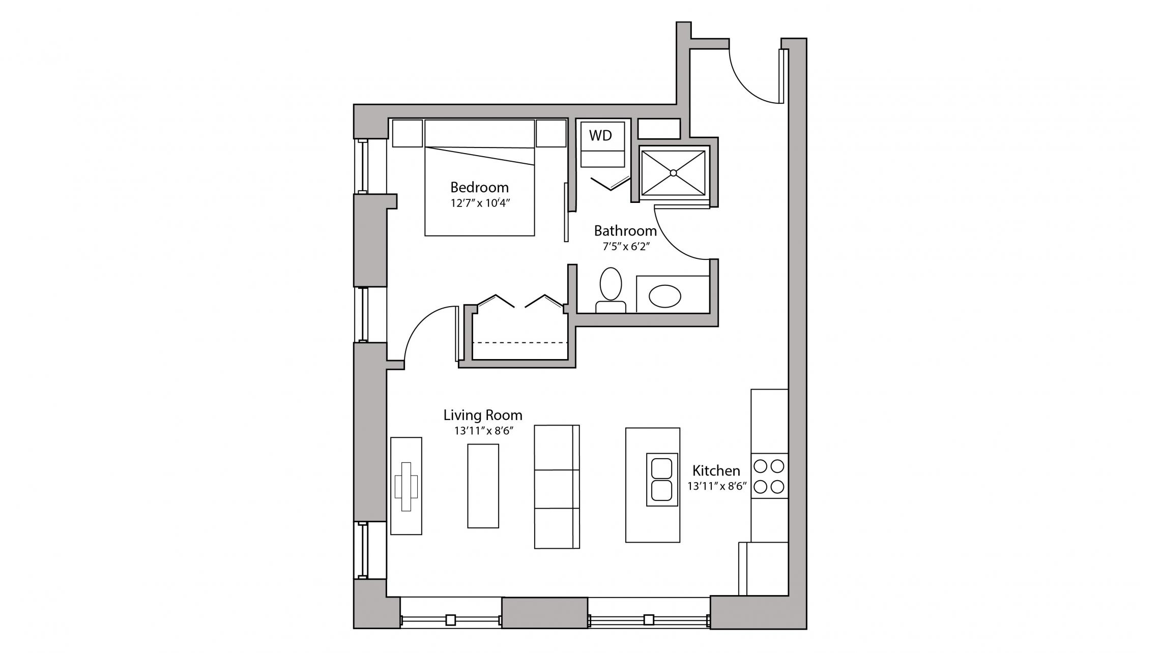 ULI Capitol Hill 407 - One Bedroom, One Bathroom Floorplan