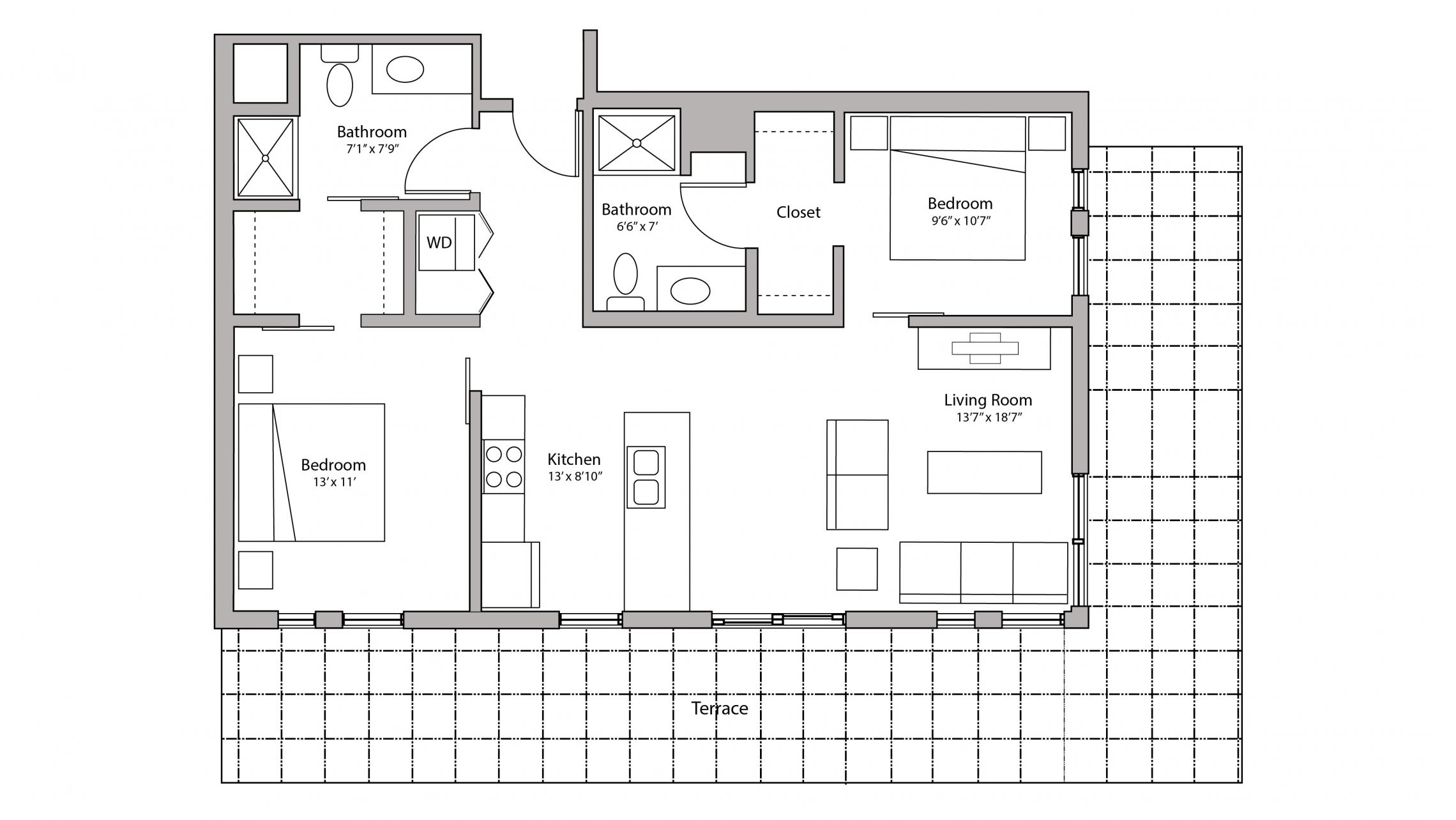 ULI Capitol Hill 501 - Two Bedroom, Two Bathroom Floorplan