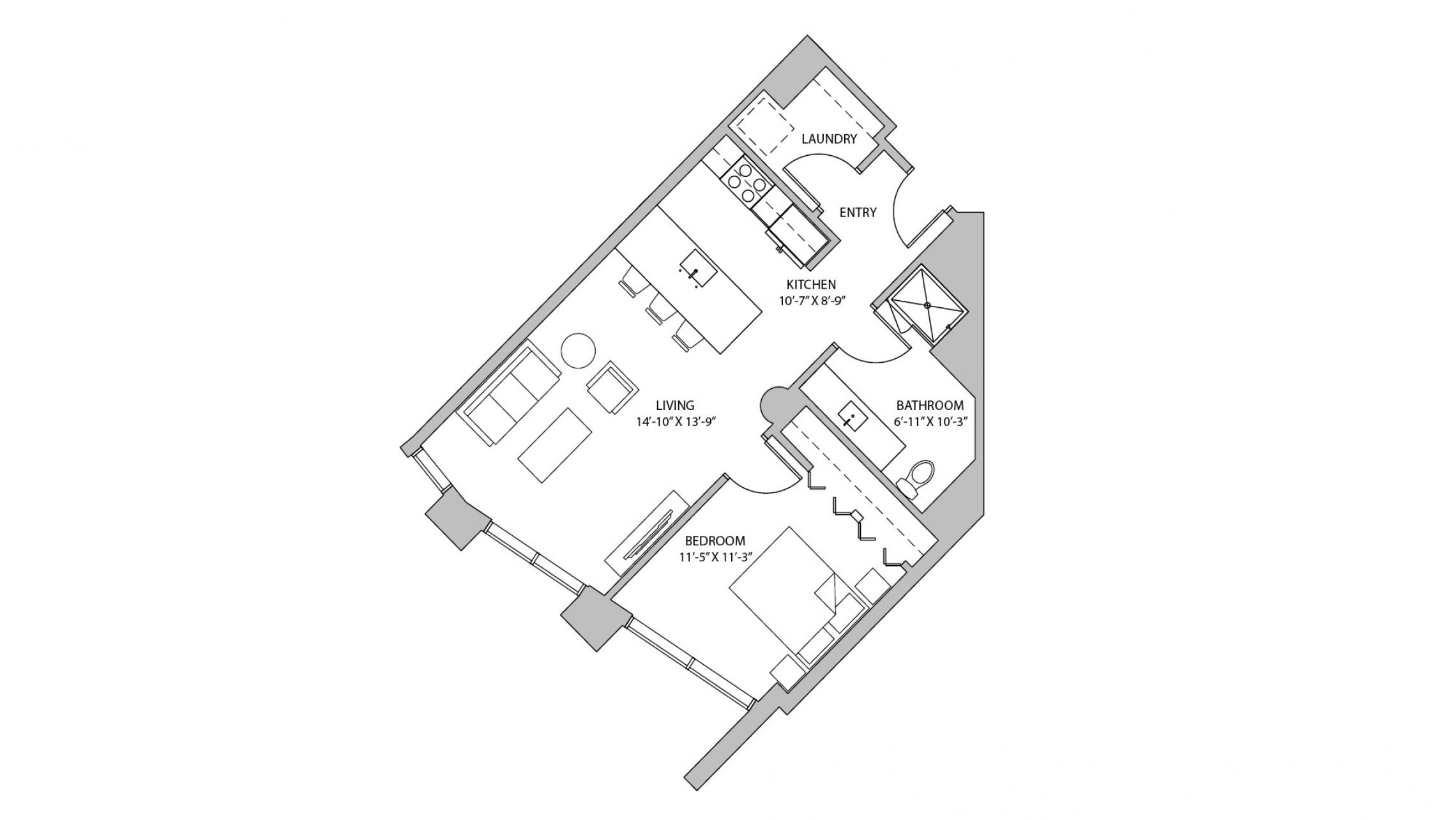 The Pressman - Apartment 217 - One Bedroom, One Bathroom Floorplan